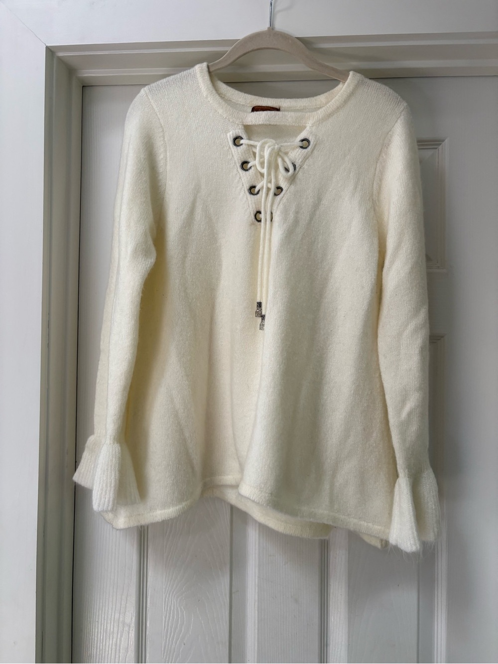 POL Ivory Lace-Up Scoopneck Sweater with Bell Cuffs